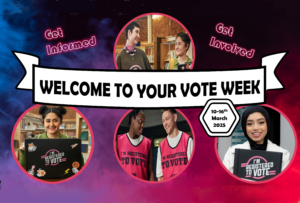 Banner saying Welcome to your Vote Week which is 10th to 16th March. Images of individuals with information displaying they are registered to vote.