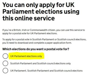 Image of Option to select UK Parliamentary Only on the Government's portal to apply for a postal vote