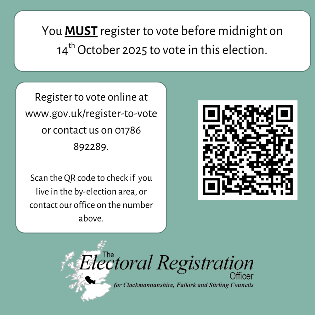 Details on registering to vote, how to contact us. Includes a QR code and our logo