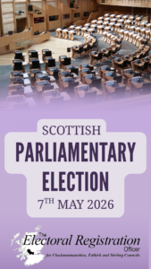 Image of the Scottish Parliament Debating Chamber above a purple background with the words "Scottish Parliamentary Election 7th May 2026". At the bottom is our Logo