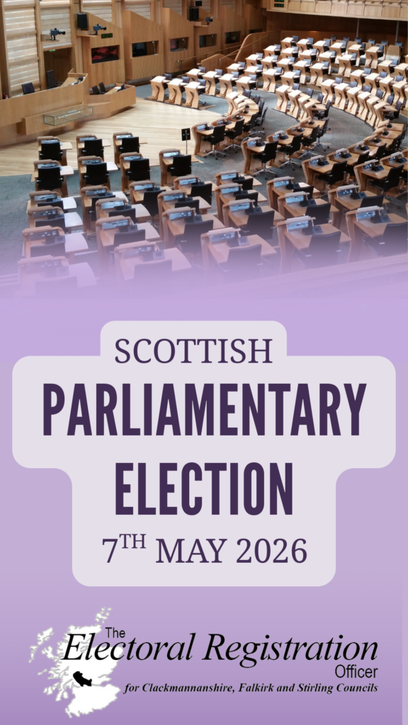 Image of the Scottish Parliament Debating Chamber above a purple background with the words "Scottish Parliamentary Election 7th May 2026". At the bottom is our Logo